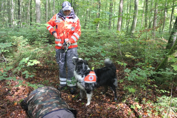 Das Bild zeigt Rettungshund Blue und seine Hundeführerin beim Finden einer regungslosen Person